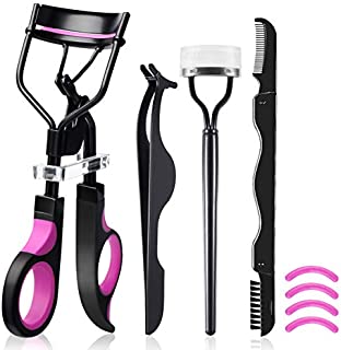 Eyelash Curler, HOCOSY 4 in 1 Eyelash Curlers Kit for Women includes Lash Curler, Eyelash Brush, Eyelash Extension Tweezers, Eyebrow Brush and Comb, Silicone Refill Pads for Natural Eyelashes