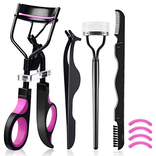 Eyelash Curler, HOCOSY 4 in 1 Eyelash Curlers Kit for Women includes Lash Curler, Eyelash Brush, Eyelash Extension Tweezers, Eyebrow Brush and Comb, Silicone Refill Pads for Natural Eyelashes