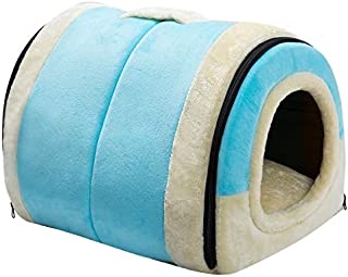 Hollypet Crystal Velvet Self-Warming 2 in 1 Foldable Cave House Shape Nest Pet Sleeping Bed for Cats and Small Dogs, Light Blue