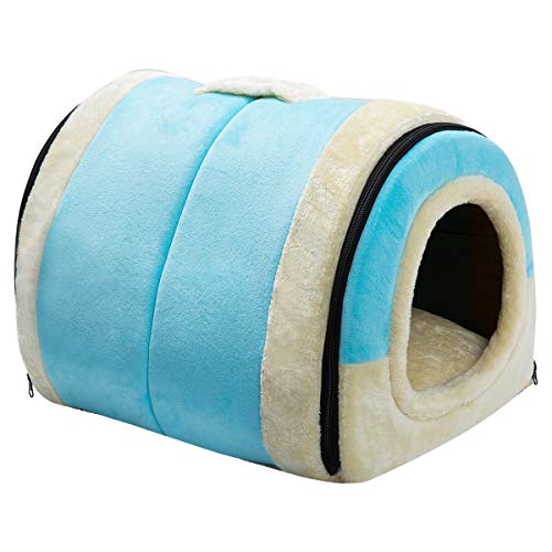 Hollypet Crystal Velvet Self-Warming 2 in 1 Foldable Cave House Shape Nest Pet Sleeping Bed for Cats and Small Dogs, Light Blue