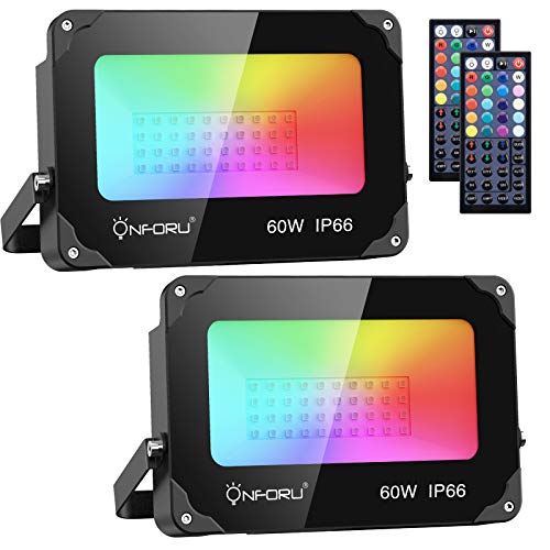 Onforu 2 Pack 60W LED RGB Flood Lights, Dimmable Color Changing Floodlight with 44 Keys Remote, IP66 Waterproof Outdoor Wall Washer Light with 20 Colors,6 Modes, Timing for Indoor, Party, Garden