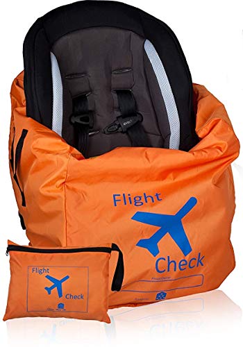 Car Seat Travel Bag and Carrier for Gate Check with Travel Pouch - Bright Orange with Blue Letters for Airport, Airplane Gate Check, Car Trips and Storage Double Backpack Straps | Carseat Bag for STO