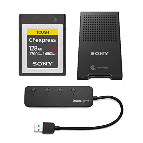 Sony 128GB Tough CEB-G Series CFexpress Type B Memory Card MRWG1T CFe-B/XQD Memory Card Reader and Knox Gear 3.0 4 Port USB Hub Bundle (3 Items)