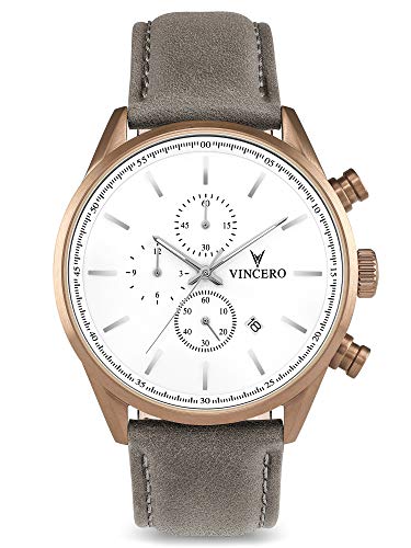 Vincero Luxury Men's Chrono S Wrist Watch - Top Grain Italian Leather Watch Band - 43mm Chronograph Watch - Japanese Quartz Movement (Khaki/Gray)