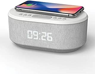 Bedside Radio Alarm Clock with USB Charger, Bluetooth Speaker, QI Wireless Charging, Dual Alarm Dimmable LED Display (White)