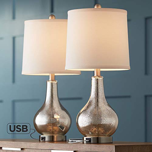 Ledger Modern Accent Table Lamps Set of 2 with USB Charging Port Mercury Glass Off White Drum Shade Decor for Living Room Bedroom House Bedside Nightstand Home Office Family - 360 Lighting