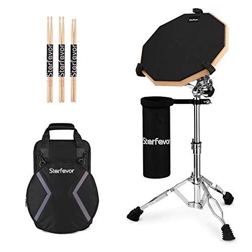 Starfavor Drum Practice Pad with Snare Drum Stand Set, 12-Inch Double Sided Silent Practice Pad Kit with Drum Sticks, Drumstick Holder, Carrying Bag, Black