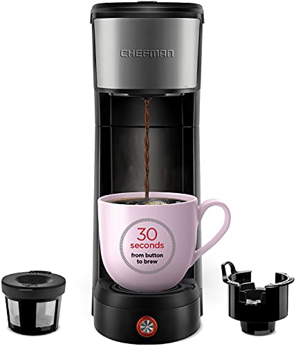 Chefman InstaCoffee Single Serve Coffee Maker Brewer, Compact 14 oz, Black/Stainless Steel, Mug Not Included