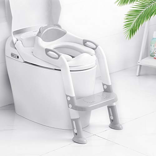 Victostar Potty Training Seat with Step Stool Ladder, Foldable Potty Training Toilet for Kids Boys Girls Toddlers-Comfortable Cushion Safe Handle Anti-Slip Pads (Gray)