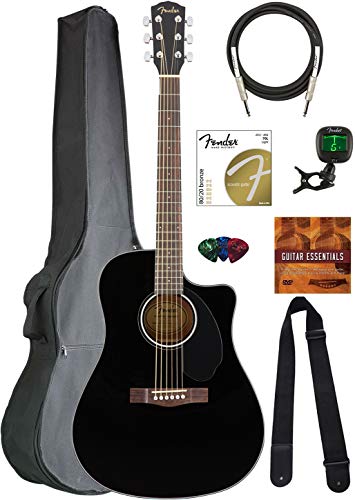 Fender CD-60SCE Solid Top Dreadnought Acoustic-Electric Guitar - Black Bundle with Gig Bag, Tuner, Strap, Strings, Picks, and Austin Bazaar Instructional DVD