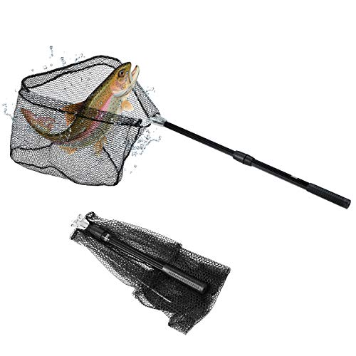 Dr.meter Fishing Net, Foldable Fish Landing Net for Freshwater or Saltwater with Telescopic Pole Handle and Robust Nylon Mesh, for Kids and Adults Safe Fish Catching and Releasing, Extend to 40 inch