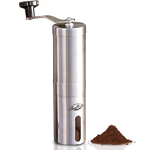 JavaPresse Manual Coffee Grinder with Adjustable Setting - Conical Burr Mill & Brushed Stainless Steel Whole Bean Burr Coffee Grinder for Aeropress, Drip Coffee, Espresso, French Press, Turkish Brew