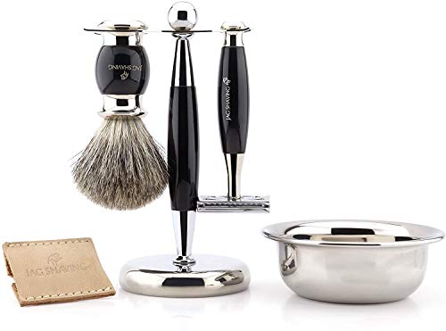 Jag Shaving Mens Shaving Kit Double Edge Safety Razor with Leather Pouch, Super Badger Hair Shaving Brush, Stand and Bowl Perfect Set for Men
