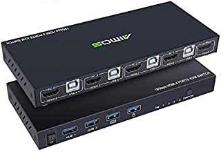 KVM Switch HDMI 4 Port Box, AIMOS HDMI 2.0 KVM Switcher Support Wireless Keyboard and Mouse Connections and with USB Hub Port, UHD 4K@60Hz & 3D & 1080P Supported