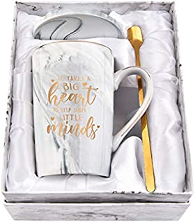 Male Teacher Gifts for Men Women Teacher Appreciation Gifts Teacher Coffee Mug It Takes a Big Heart to Shape Little Minds Coffee Mug Gifts for Teacher 14Oz Gray Marble Mug with Exquisite Box Spoon