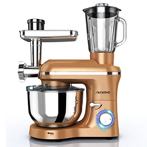 Nurxiovo 3 in 1 Home Mixer, 850W kitchen Stand Mixer with 6 Speed and Pulse, Food mixer with 6.5 QT Stainless Steel Bowl, Beater, Dough Hook, Whisk, Meat Grinder and Juice Extracter, Champagne Gold