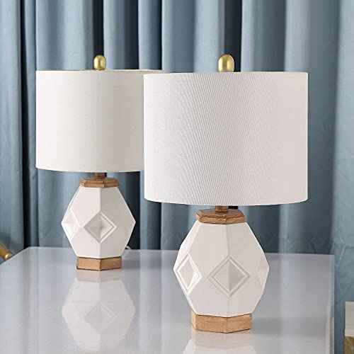 Maxax Table Lamps Set of 2- Ceramic Bedside Nightstand Lamp,19.5'' White Geometric Desk Lamp with Drum Fabric Shade for Living Room Family Bedroom