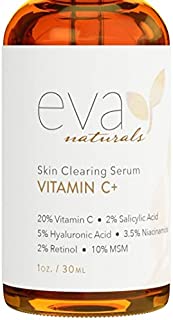 Eva Naturals Vitamin C Serum Plus 2% Retinol, 3.5% Niacinamide, 5% Hyaluronic Acid, 2% Salicylic Acid, 10% MSM, 20% Vitamin C - Skin Clearing Serum - Anti-Aging Skin Repair, Serum for Face (1 oz)