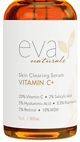 Eva Naturals Vitamin C Serum Plus 2% Retinol, 3.5% Niacinamide, 5% Hyaluronic Acid, 2% Salicylic Acid, 10% MSM, 20% Vitamin C - Skin Clearing Serum - Anti-Aging Skin Repair, Serum for Face (1 oz)