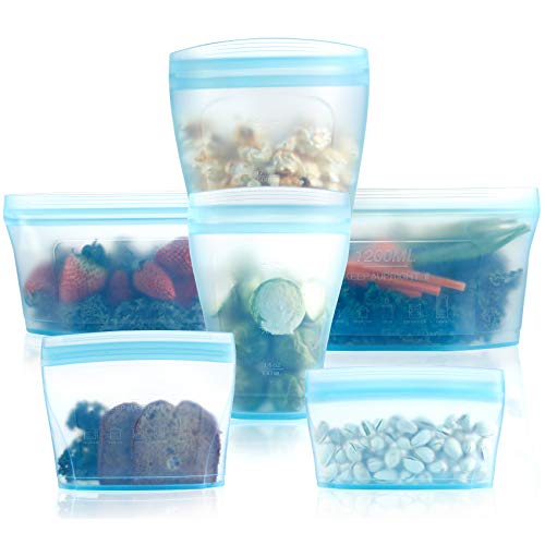 Reusable food container silicone bag, Full Set 6, 2Cups, 2Dishes, 2Bags Zip Containers Storage, 100% Silicone Reusable Food Bag, Stand Up Preservation Bag, Rounded interior for easy cleaning.