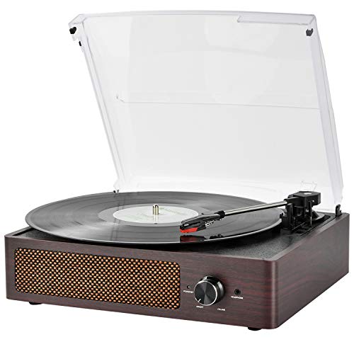 Bluetooth Record Player Belt-Driven 3-Speed Turntable, Vintage Vinyl Record Players Built-in Stereo Speakers, with Headphone Jack/ Aux Input/ RCA Line Out, Wooden (Brown)