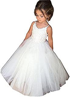 PLwedding Flower Girls Lace Tulle Ball Gowns First Communion Dresses (Size 6, Ivory)