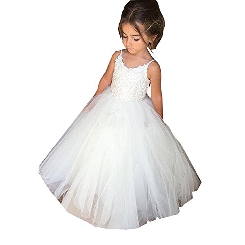 PLwedding Flower Girls Lace Tulle Ball Gowns First Communion Dresses (Size 6, Ivory)