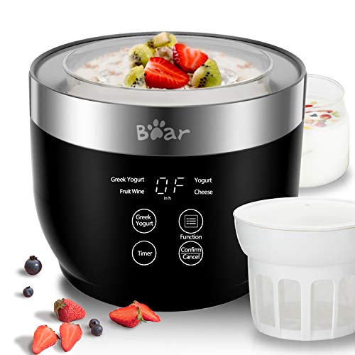 Yogurt Maker, Yogurt Maker Machine with Stainless Steel Inner Pot, Greek Yogurt Maker with Timer Control, Automatic Digital Frozen Yogurt Maker with 2 Glass Jars 1 Quart and Strainer for Home Organic Yogurt, Black