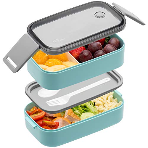 Bento Box For Adults Kids - 1600ML All-in-One Stackable Premium Japanese Bento Lunch Box Container With Utensil, Durable Leak-proof Eco-Friendly, Micro-Wave Dishwasher Freezer Safe (Blue)