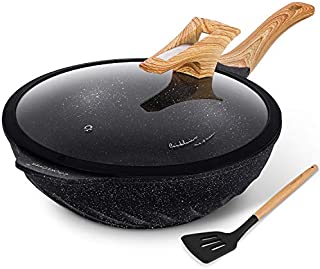 Chinese Wok Nonstick Die-casting Aluminum Scratch Resistant 100% PFOA Free Induction Woks And Stir Fry Pans with Glass Lid 12.6Inch,5.9L,5.6lb - Black