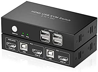 KVM Switch HDMI 2 Port Box,USB Switch selector with 4 USB 2.0 Hub Share 2 Computers, UHD 4K@30Hz, Support Wireless Keyboard and Mouse, Powered by USB,with 2 HDMI and 2 USB Cables