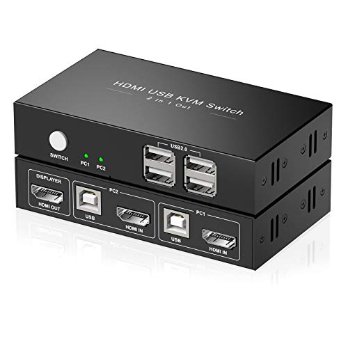 KVM Switch HDMI 2 Port Box,USB Switch selector with 4 USB 2.0 Hub Share 2 Computers, UHD 4K@30Hz, Support Wireless Keyboard and Mouse, Powered by USB,with 2 HDMI and 2 USB Cables