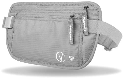 Money Belt For Travel Hidden, RFID Protected Waist Wallet, Fits Passport & Phone with cover, Includes 2 Global Recovery Tags (Regular, Light Gray)