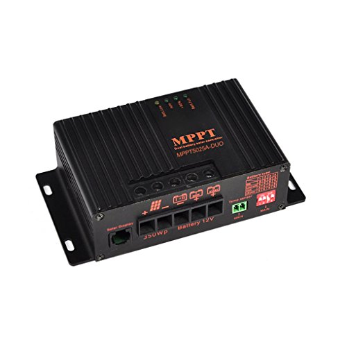 25A RV MPPT Solar Charge Controller 12V Dual Battery Charge Max 350W Panels Power Input for Solar Camper Van Trailer Caravan Golf Carts Support LifePo4, Gel, AGM2, Lead Acid Batteries Fan Cooling