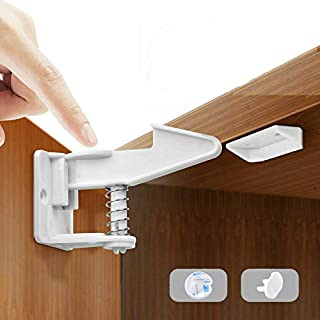 Mybabyly Baby Proofing Cabinet Locks  12 pcs No Drill Baby Proofing Locks for Cabinets and Drawers with 4 Corner Protectors and 2 Covers  Adhesive Baby Cabinet Safety Latches - White