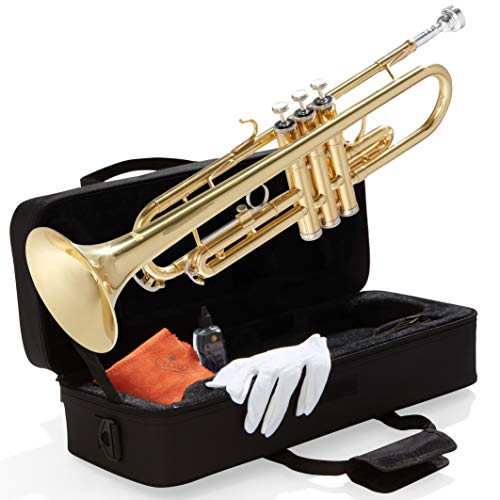 Mendini By Cecilio Bb Trumpet - Brass, Gold Trumpets w/Instrument Case, Cloth, Oil, Gloves - Musical Instruments For Beginner or Experienced Kids, Adults