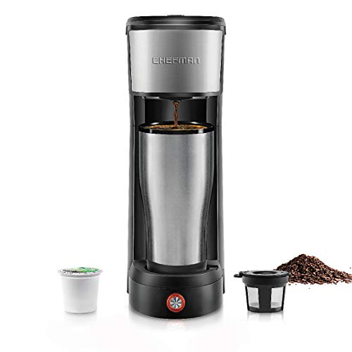 Chefman InstaCoffee Single Serve Coffee Maker Compatible with K-Cup Pods, Grounds & Loose-Leaf Tea w/Reusable Filter, Compact 14 oz, Black/Stainless Steel, Mug Not Included