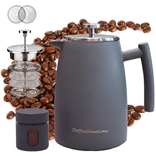 Coffee Creations French Press Coffee Maker, Stainless Steel Thermal Insulated Brewer Superior Filtration System with 2 Extra Filters 34 oz (Gray)
