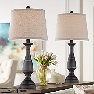 Ben Farmhouse Traditional Table Lamps Set of 2 Dark Bronze Brown Metal Beige Linen Drum Shade Decor for Living Room Bedroom House Bedside Nightstand Home Office Entryway Family - Regency Hill