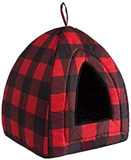 Hollypet Self-Warming 2 in 1 Foldable Comfortable Triangle Cat Bed Tent House, Red Checked