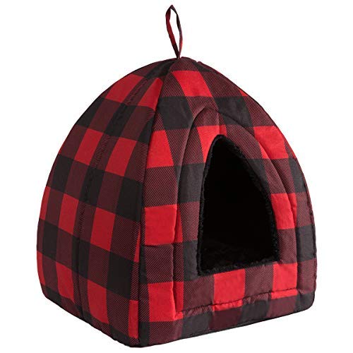 Hollypet Self-Warming 2 in 1 Foldable Comfortable Triangle Cat Bed Tent House, Red Checked