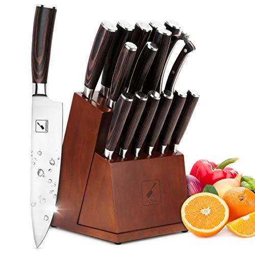 Japanese Knife Set, imarku 16-piece Kitchen Knife Sets with Block Wooden, Manual Sharpening for Chef Knife Set with 6 Serrated Steak Knives, German Stainless Steel