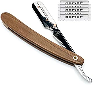 Parker's Walnut Wood Handle Barber Straight Razor/ Shavette for Men and 5 Parker Premium Razor Blades - Stainless Steel Blade Arm with Clip Closure - Designed for Professional Use