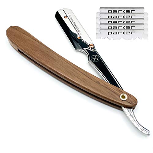 Parker's Walnut Wood Handle Barber Straight Razor/ Shavette for Men and 5 Parker Premium Razor Blades - Stainless Steel Blade Arm with Clip Closure - Designed for Professional Use