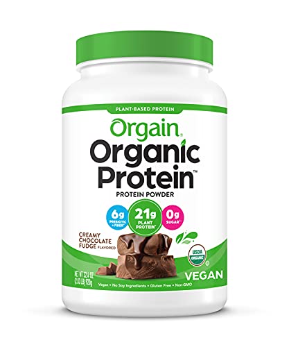 Orgain Organic Plant Based Protein Powder, Creamy Chocolate Fudge - Vegan, Low Net Carbs, Non Dairy, Gluten Free, No Sugar Added, Soy Free, Kosher, Non-GMO, 2.03 Lb (Packaging May Vary)