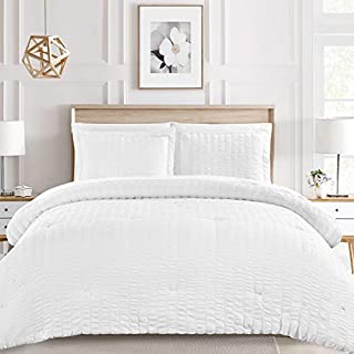 CozyLux Full/Queen Bed in a Bag White Seersucker Comforter Sets with Comforter and Sheets 7 Pieces All Season Bedding Sets with Comforter, Pillow Sham, Flat Sheet, Fitted Sheet and Pillowcase