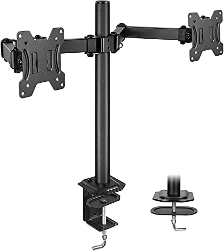 HUANUO Dual Monitor Stand for 13-27 inch Screens, Heavy Duty Fully Adjustable Monitor Desk Mount, VESA Mount with C Clamp, Each Arm Holds 4.4 to 17.6lbs