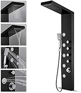 ROVATE Rainfall Waterfall Shower Tower Panel System, 304 Stainless Steel Bathroom Shower Tower with 5 Rain Body Massage Jets and 3 Sets Handheld Shower, Shower Cloumn Wall Mounted Black