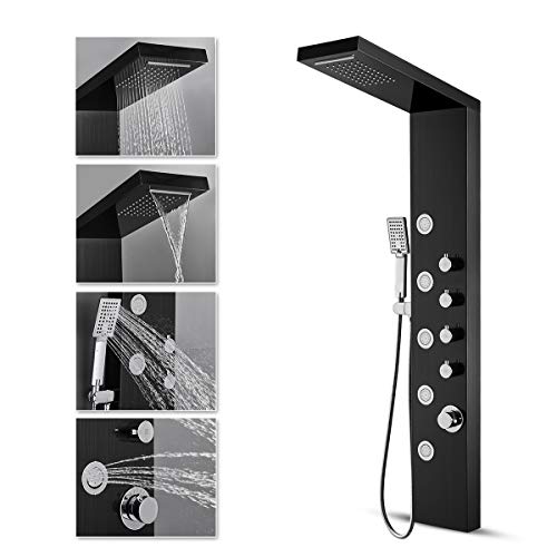 ROVATE Rainfall Waterfall Shower Tower Panel System, 304 Stainless Steel Bathroom Shower Tower with 5 Rain Body Massage Jets and 3 Sets Handheld Shower, Shower Cloumn Wall Mounted Black
