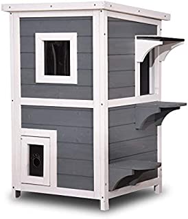 Lovupet 2 Story Wooden Outdoor/Indoor Cat Shelter House Condo with Escape Door 6012-0508 (Grey)